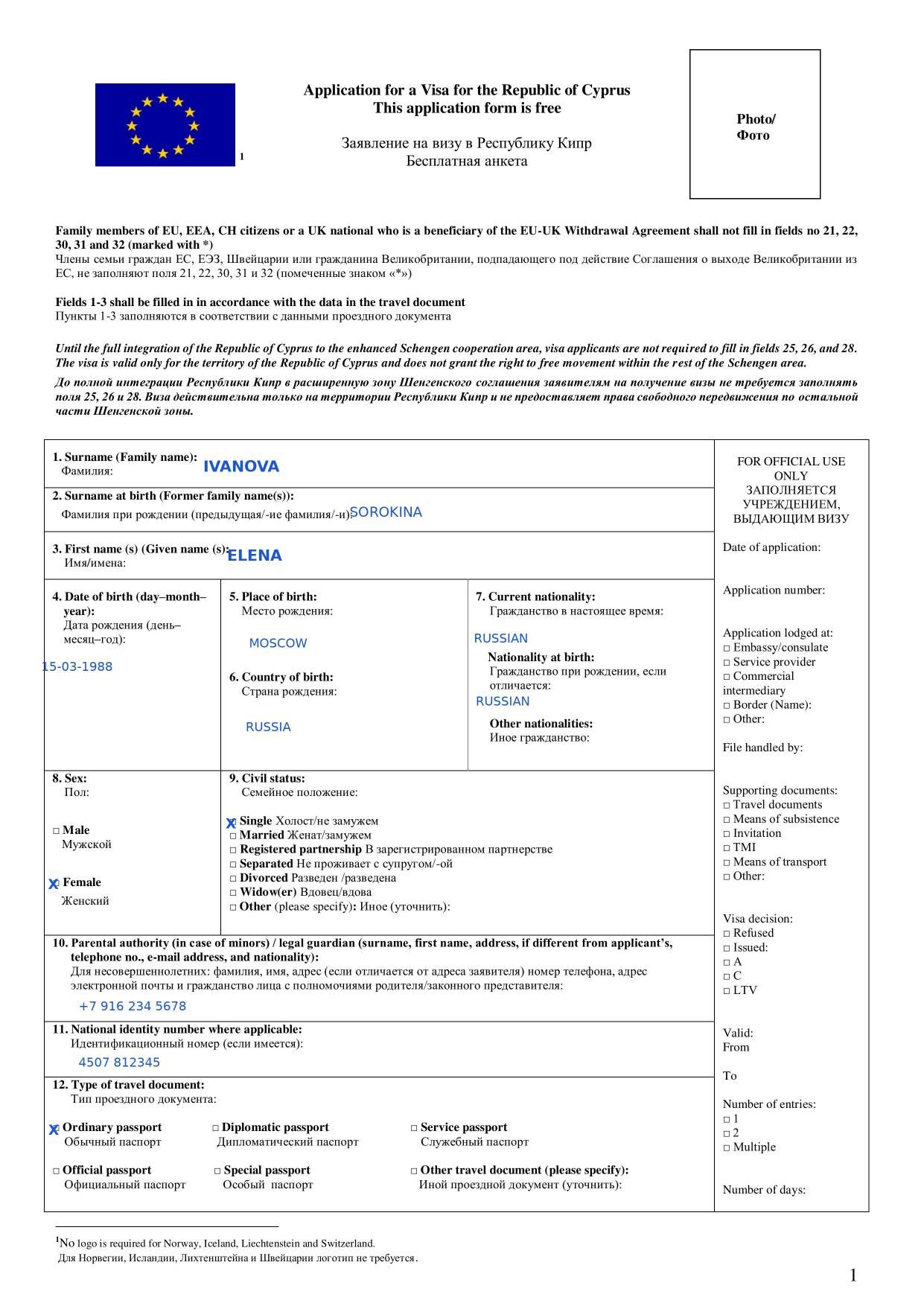 Образец заполненной анкеты на визу — предпросмотр PDF в VisaAI
