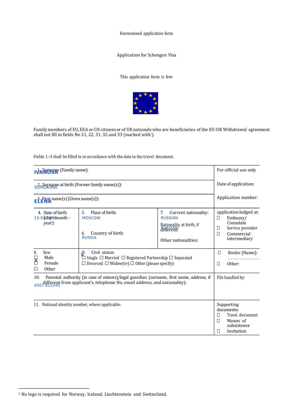 Образец заполненной анкеты на визу в Португалию — предпросмотр PDF в VisaAI