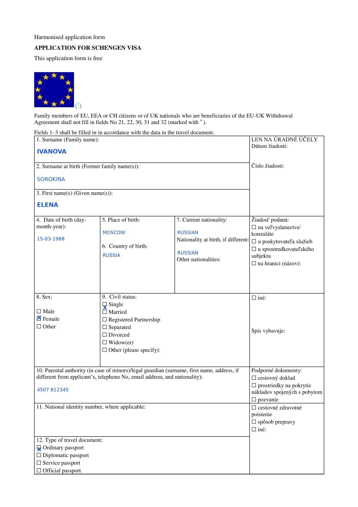 Образец заполненной анкеты на визу в Словакию — предпросмотр PDF в VisaAI