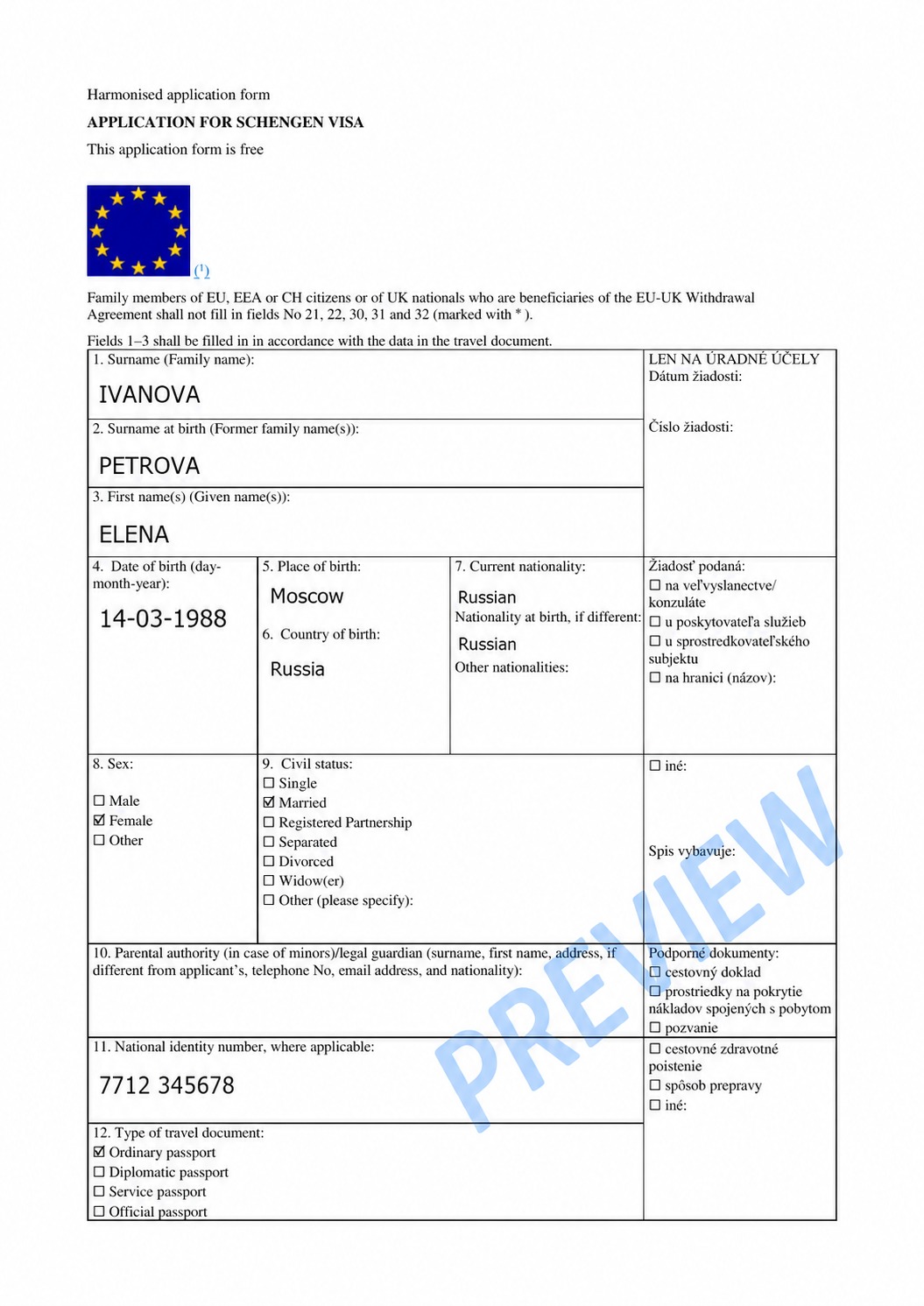 Пример заполненной анкеты на визу в Словакию — предпросмотр PDF в VisaAI